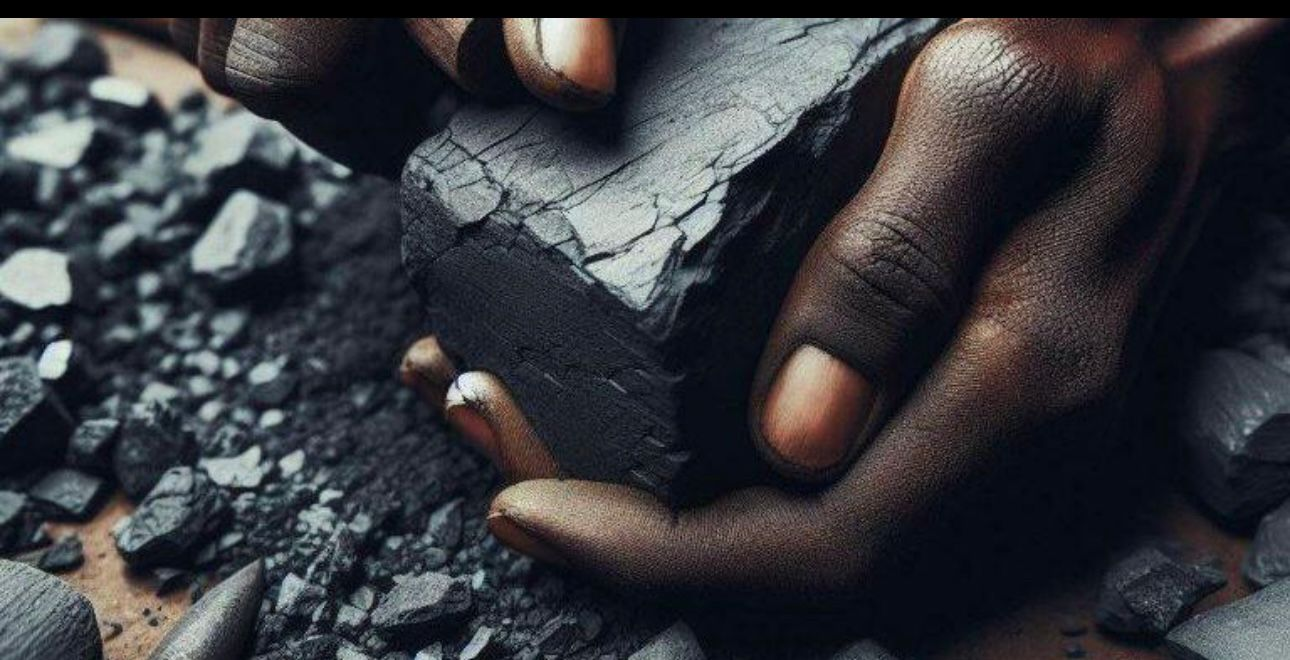 Close view of hands holding a dark graphite block above scattered graphite fragments